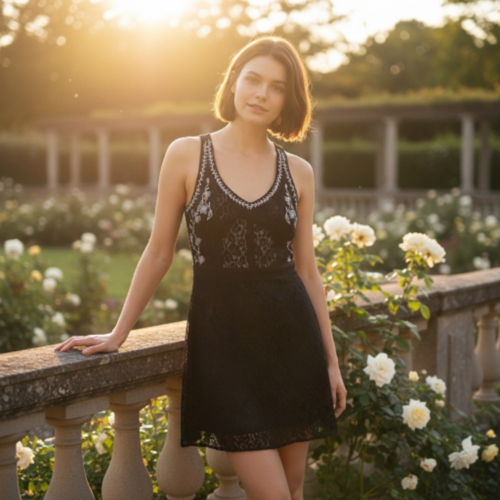 Gentle Fawn Black Lace size 6 Embroidered Racerback Dress Floral Boho Coastal